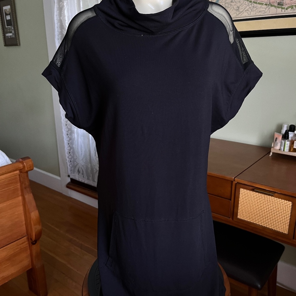 Alala Sz. XS Cover-up Dress Black Cowl Neck, Mesh Cap Sleeve, Kangaroo Pocket